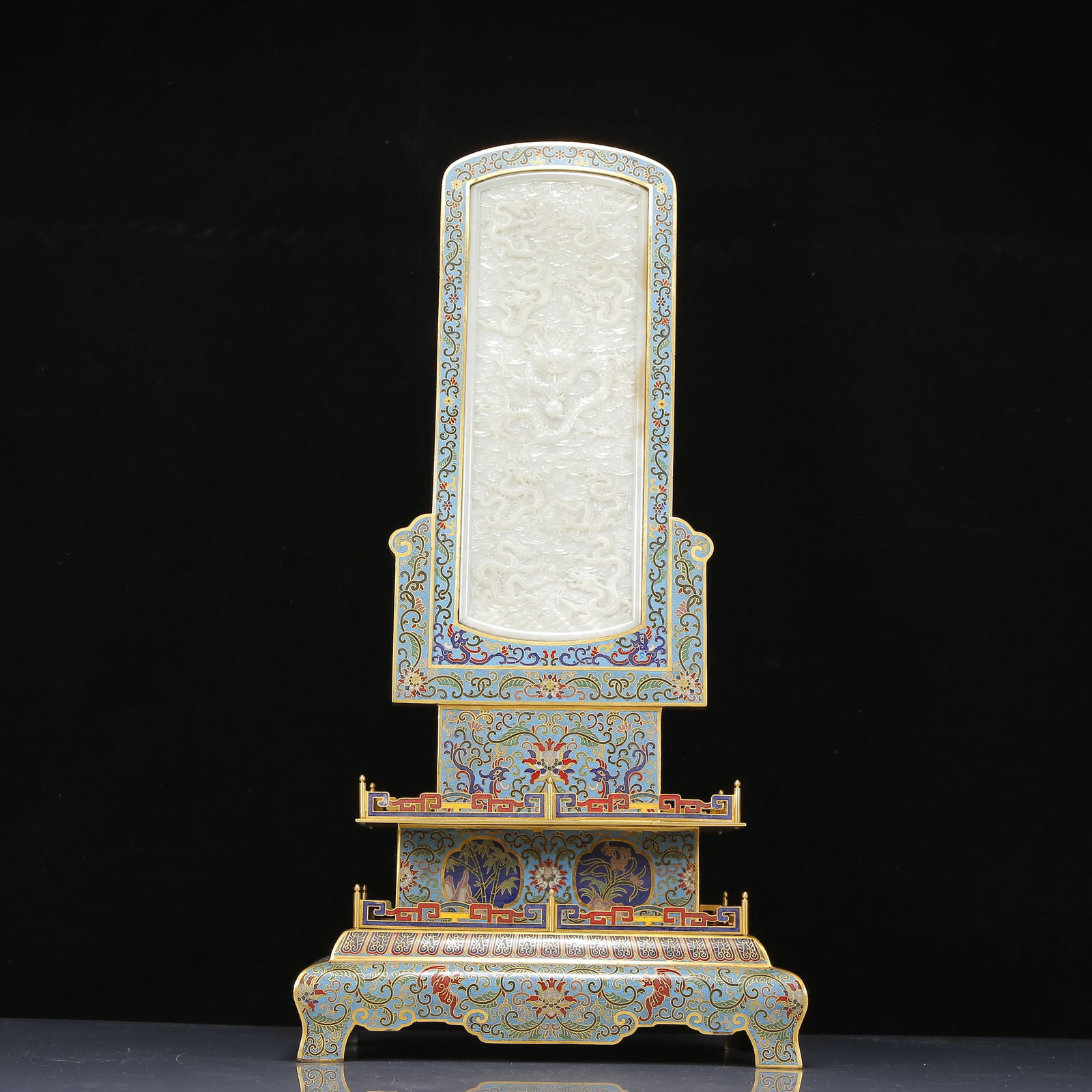 A Huge Cloisonne Inlaid White Jade Dragon Pattern Table Screen: A Huge Cloisonne Inlaid White Jade Dragon Pattern Table Screen,Qing Dynasty, China,Qianlong Four-character Mark,Size:11.8inx7.5inx23.2in,Weight:4740g 景泰蓝嵌白玉&#