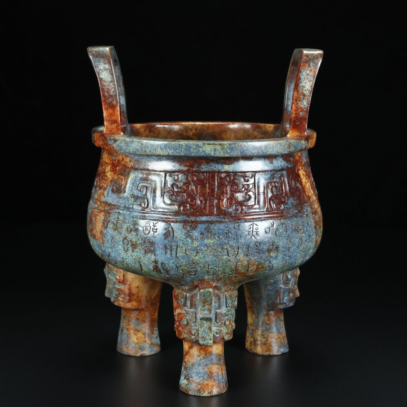An Exquisite Archaic Jade Beast-Face Pattern Double-Ears and Tripod Censer: An Exquisite Archaic Jade Beast-Face Pattern Double-Ears and Tripod Censer,Ancient Time,China,Size:6.9inx5.5in,Weight:1426g 高古玉兽面纹双耳三$