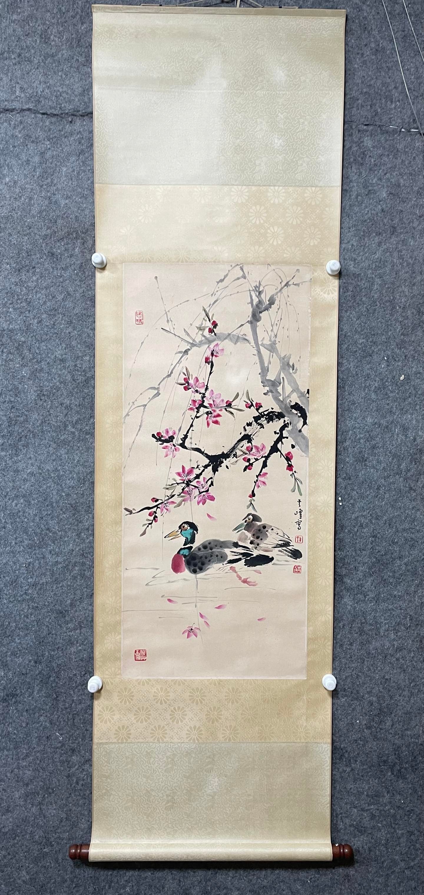 A Chinese Vertical Scroll Ink Painting of Flower and Mandarin Duck on Paper: A Chinese Vertical Scroll Ink Painting of Flower and Mandarin Duck on Paper,Sun Qifeng,Size:17.3inx38.2in 