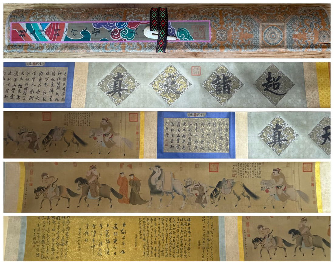 A Chinese Hand Scroll Ink Painting of Character and Story on Silk: A Chinese Hand Scroll Ink Painting of Character and Story on Silk,Zhao Mengfu,Size:(Without frame)94.5inx17.7in,(entirety)342.5inx17.7in 