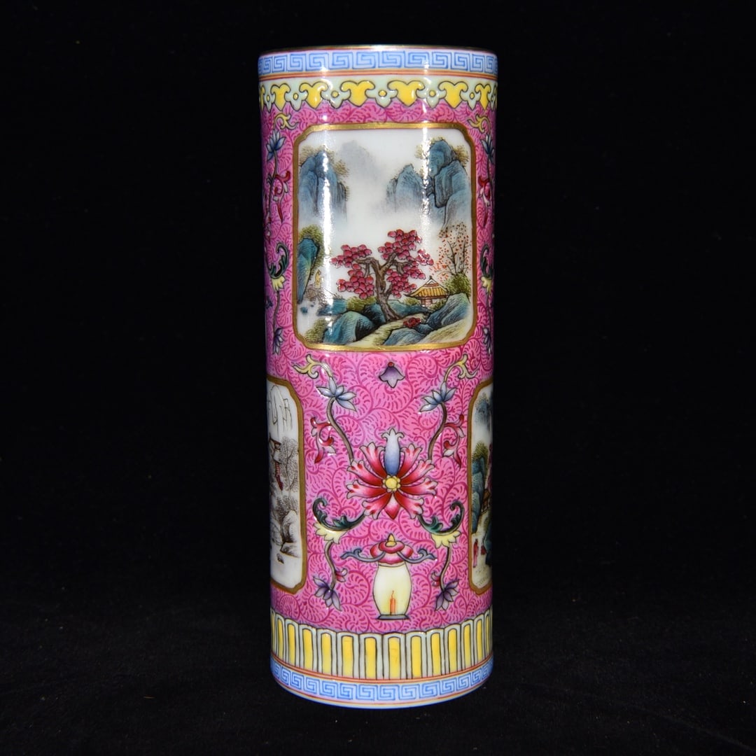 An Exquisite Famille-Rose Landscape Pattern Brush Pot: An Exquisite Famille-Rose Landscape Pattern Brush Pot,Qing Dynasty,China,Qianlong Four-Character Mark,Size:5.5inx2.1in 粉彩山水纹笔筒,中国清