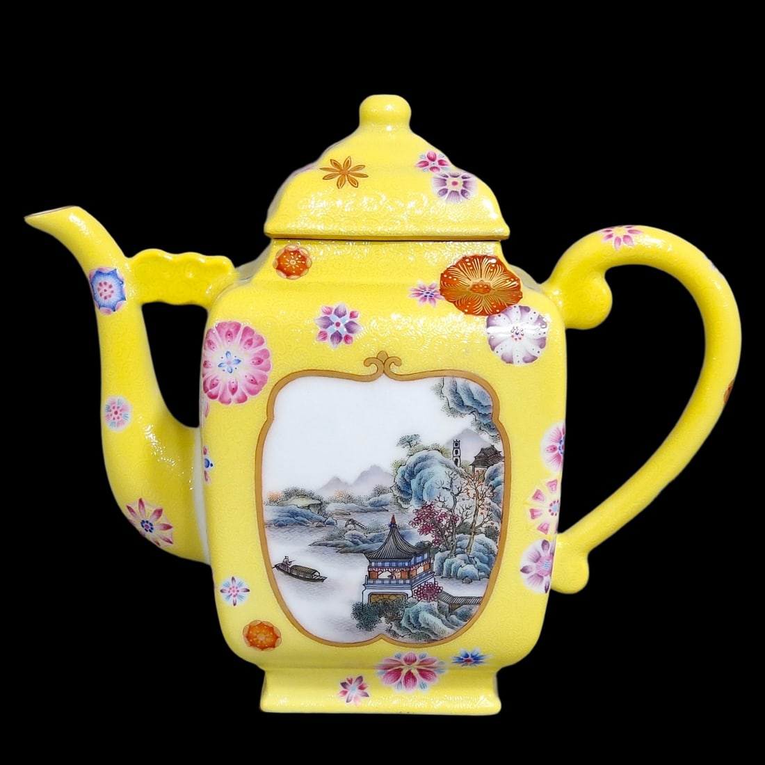 An Exquisite Yellow Glazed Enamel Landscape Pattern Teapot: An Exquisite Yellow Glazed Enamel Landscape Pattern Teapot,Qing Dynasty,China,Qianlong Four-character Mark,Size:6.5inx7.3in 