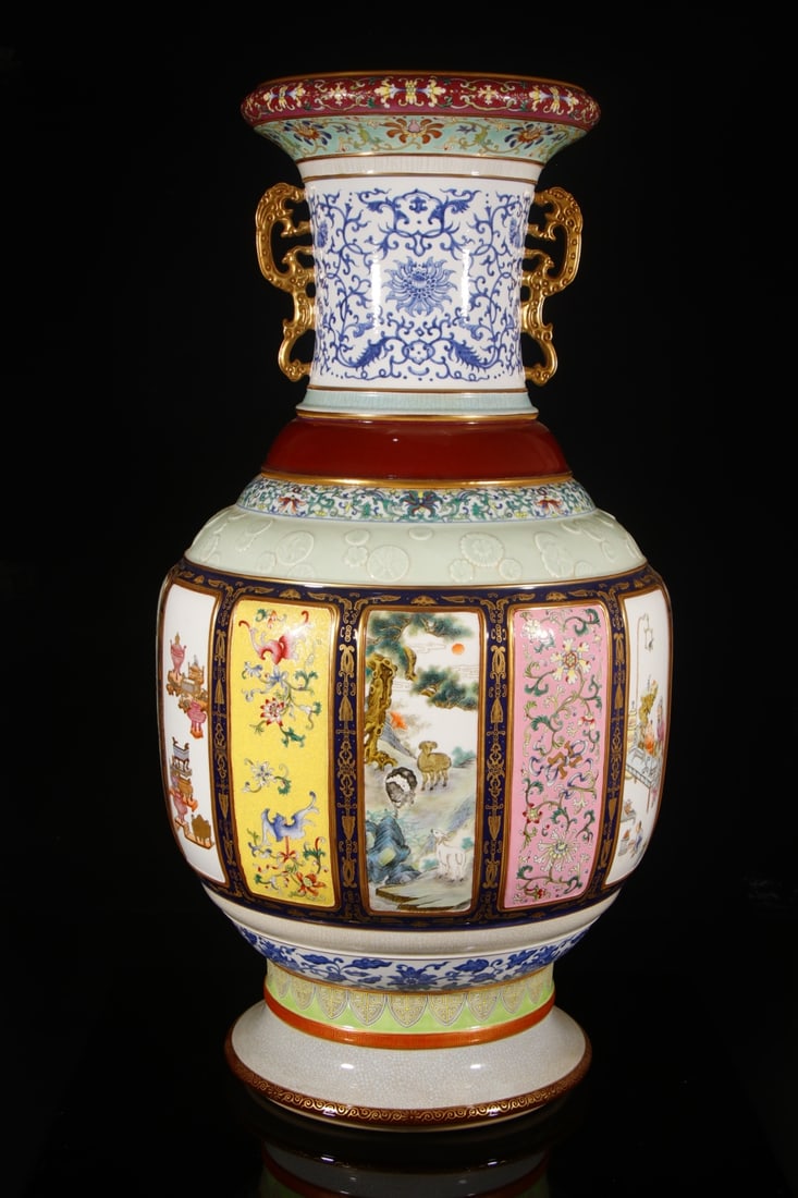 A Huge Enamel Lotus Pattern Double-Ears Vase: A Huge Enamel Lotus Pattern Double-Ears Vase,Qing Dynasty,China,Qianlong Six-character Mark,Size:34.6inx11.8in 珐琅彩缠枝莲纹双耳瓶,中