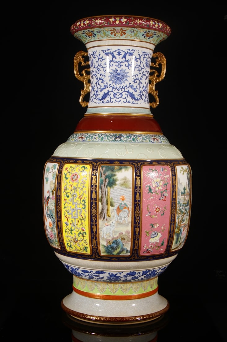 A Huge Enamel Lotus Pattern Double-Ears Vase - 4
