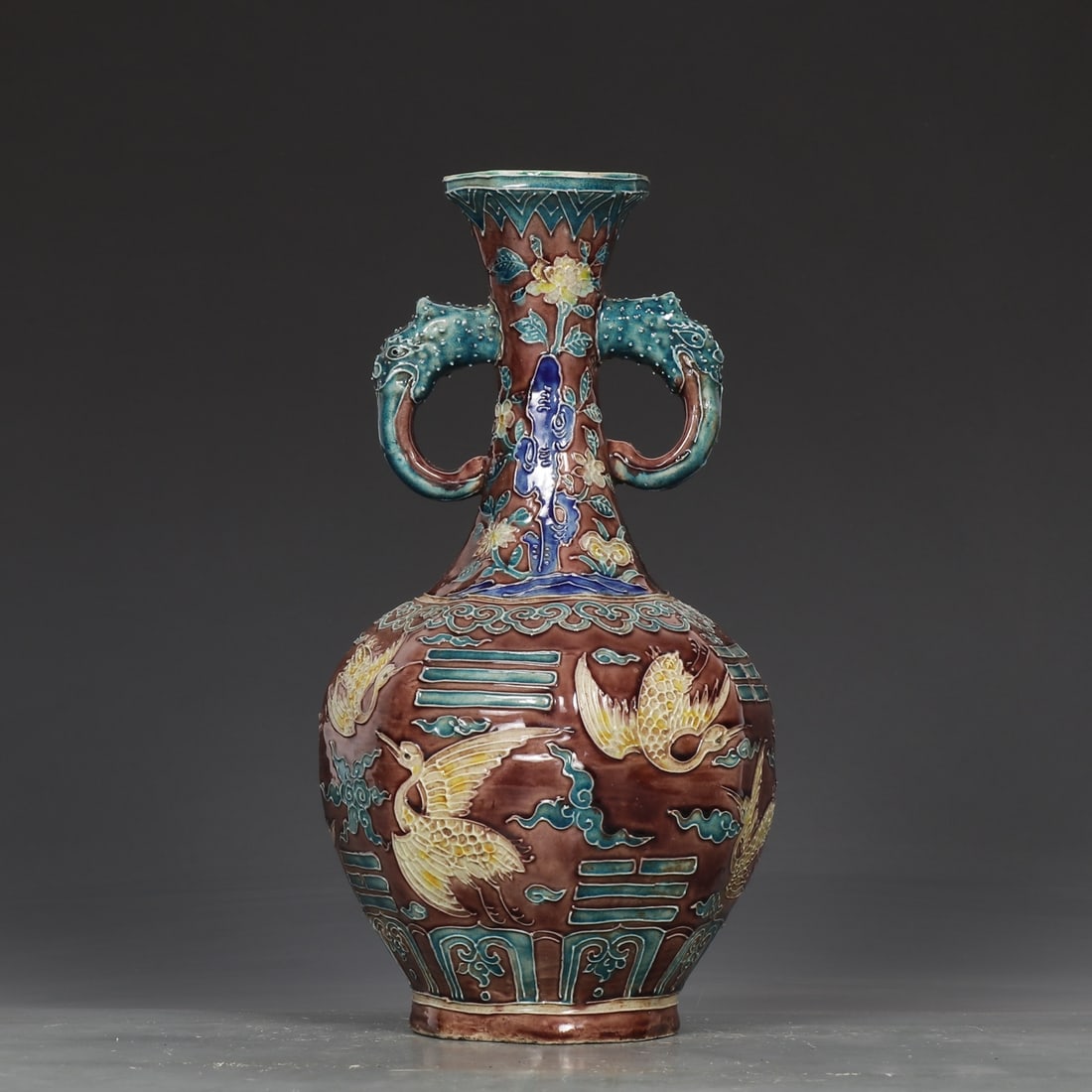 An Exquisite Fahua Ware Crane Pattern Elephant-Ears Vase: An Exquisite Fahua Ware Crane Pattern Elephant-Ears Vase,Ming Dynasty,China,Jiajing Six-Character Mark,Size:10inx5.5in 