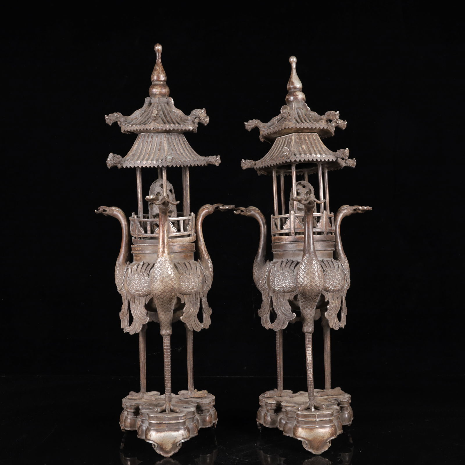 A Pair of Hug Silver-plated Crane Censers: A Pair of Hug Silver-plated Crane Censers,Qing Dynasty,China,Qianlong Four-Character Mark,Size:7.9inx20.9in,Weight:5750g 