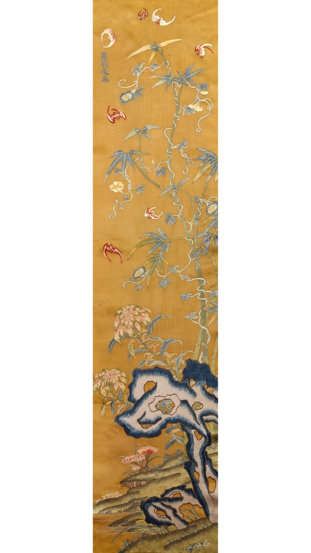 Suzhou Embroidery Green Bamboo: Suzhou embroidery and green bamboo pattern from the palace during the Qianlong period of the Qing Dynasty. Size: 58.3inx13.4in. This green bamboo picture from the palace Suzhou embroidery during the