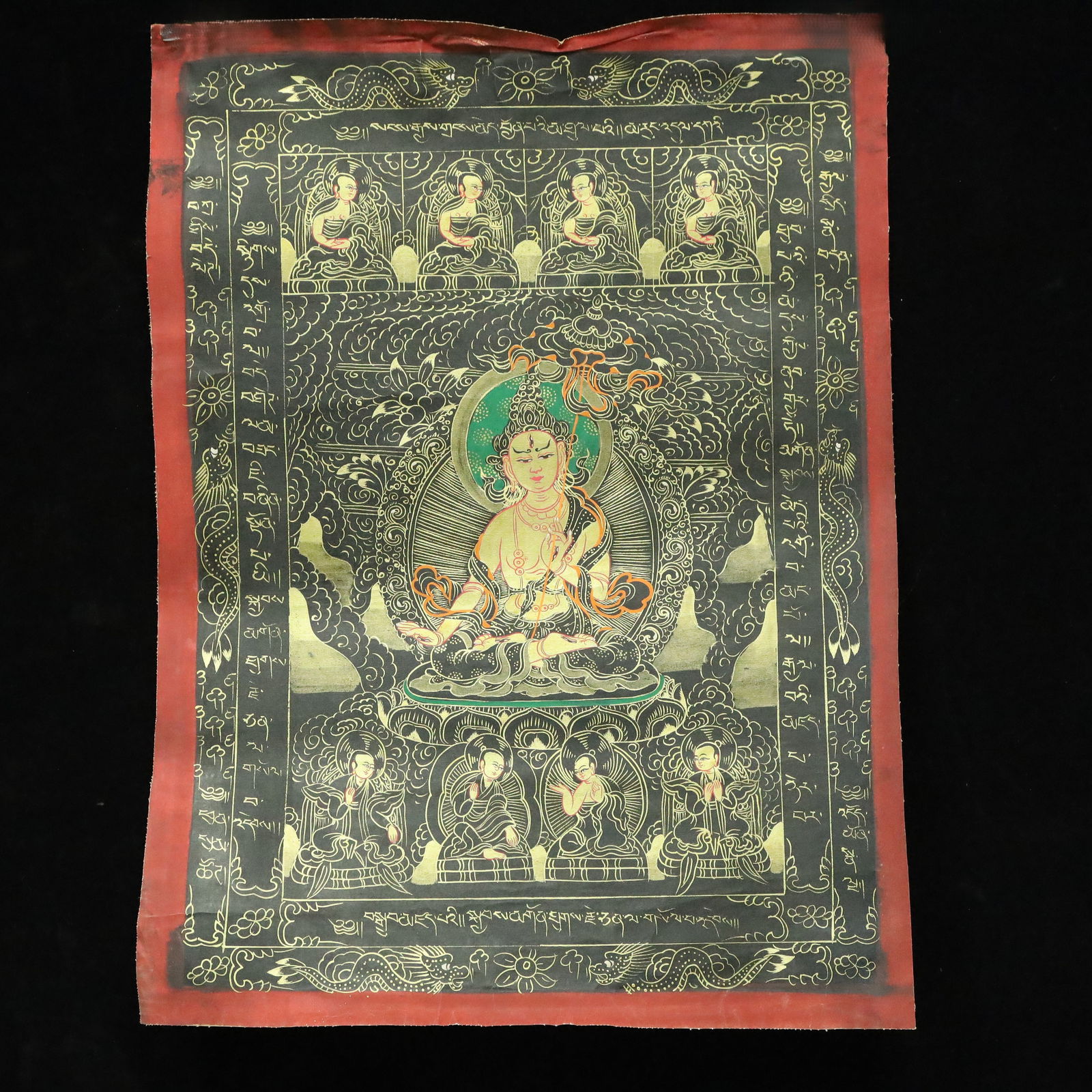 A Rare Brocade Painted Color Buddha Statue Tangka: A Rare Brocade Painted Color Buddha Statue Tangka,Qing Dynasty, China,Size:17.5inx23.6in 织锦彩绘佛像唐卡,中国清代