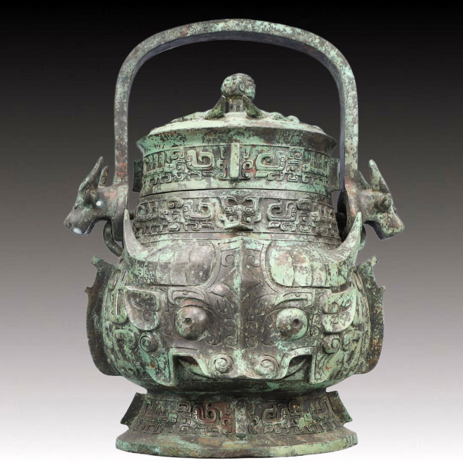 A Rare Bronze Beast-Face Pattern Double-Ears Pot ,With Inscription (1 of 14)