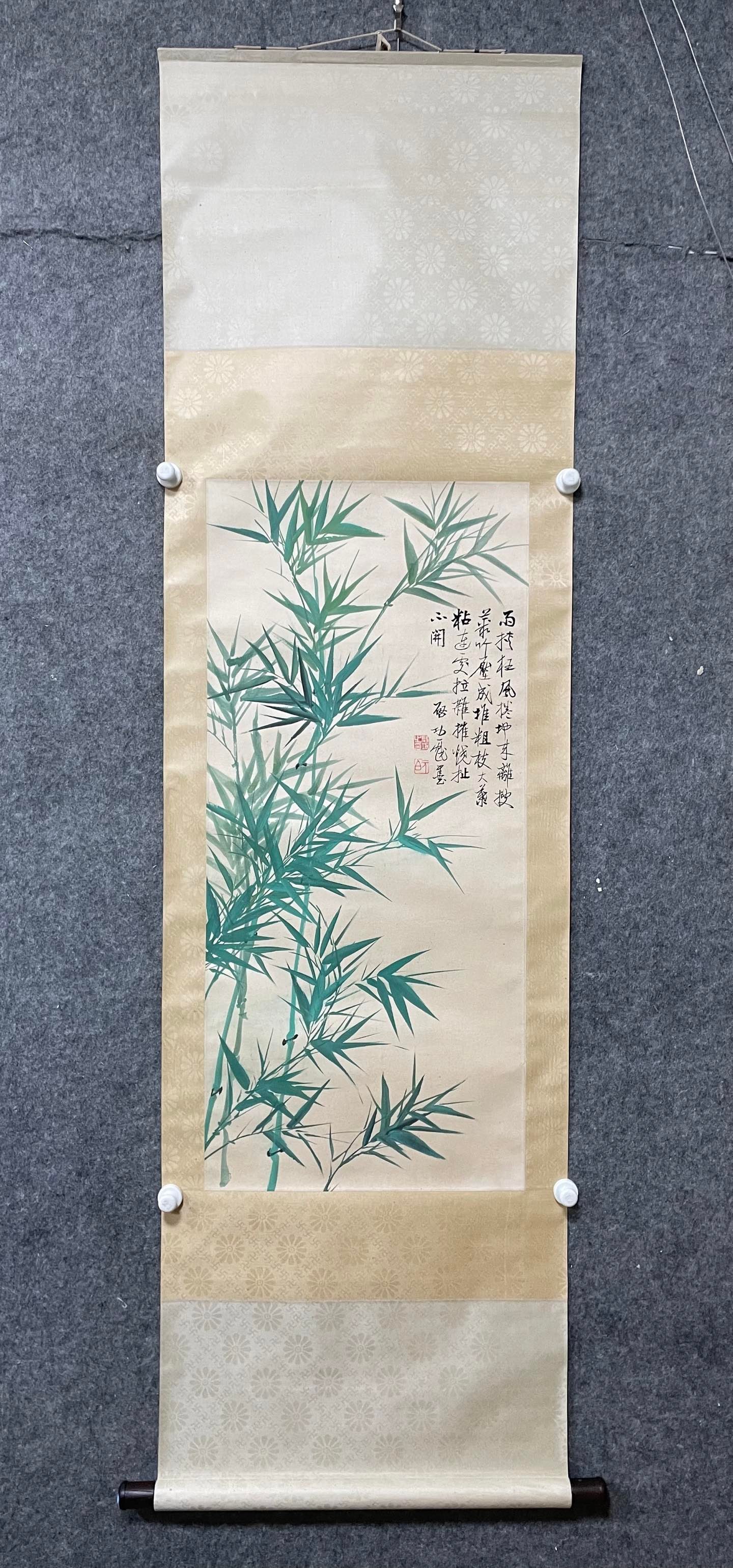 A Chinese Vertical Scroll Ink Painting of Bamboo on Paper: A Chinese Vertical Scroll Ink Painting of Bamboo on Paper,Qi Gong,Size:17.3inx38.2in 一幅中国水墨竹画立轴,启功