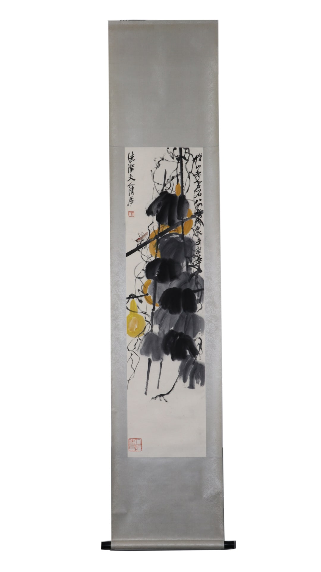 A Chinese Vertical Scroll Ink Painting of Gourd on Paper: A Chinese Vertical Scroll Ink Painting of Gourd on Paper,Qi Baishi,Size:53.9inx13.4in 一幅中国水墨葫芦画立轴,齐白石