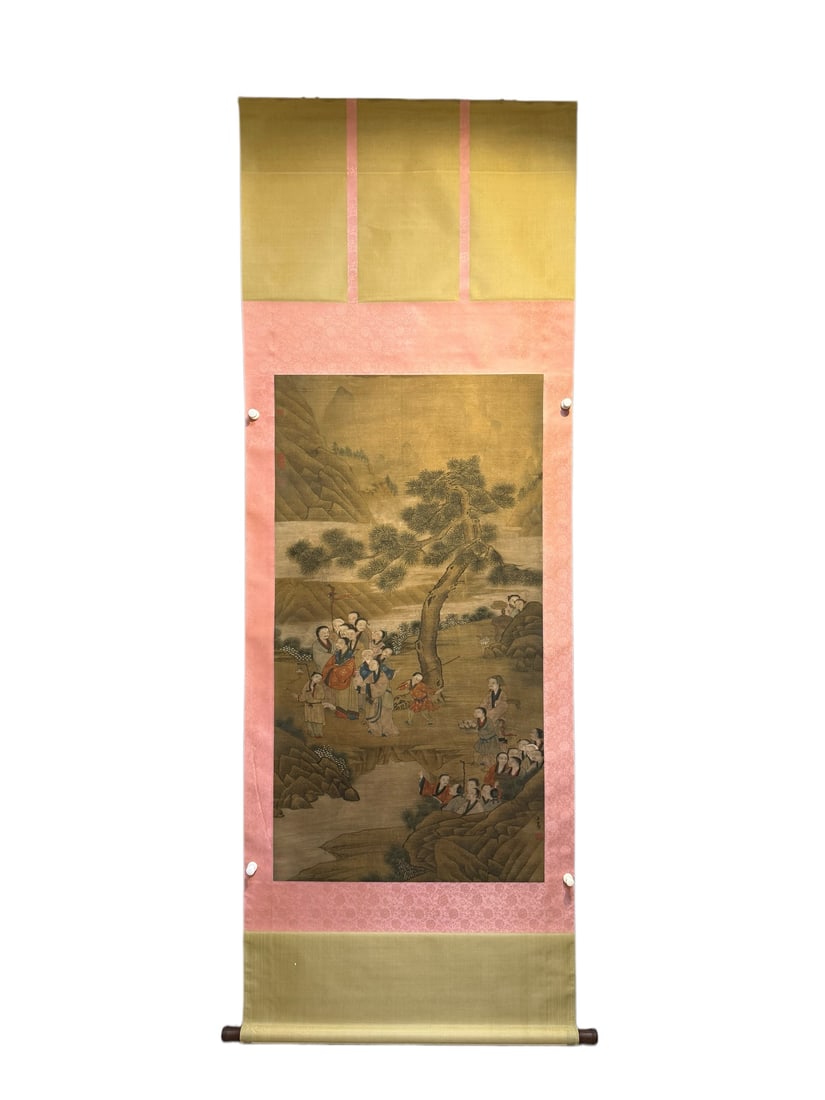 A Chinese Vertical Scroll Ink Painting of Character and Story on Silk: A Chinese Vertical Scroll Ink Painting of Character and Story on Silk,Zhao Mengfu,Size:27.2inx51.2in 