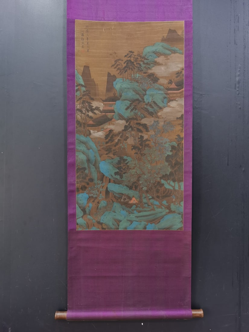 A Chinese Vertical Scroll Ink Painting of Landscape and Figure on Silk: A Chinese Vertical Scroll Ink Painting of Landscape and Figure on Silk,Guo Xi,Size:33.9inx17.3in 