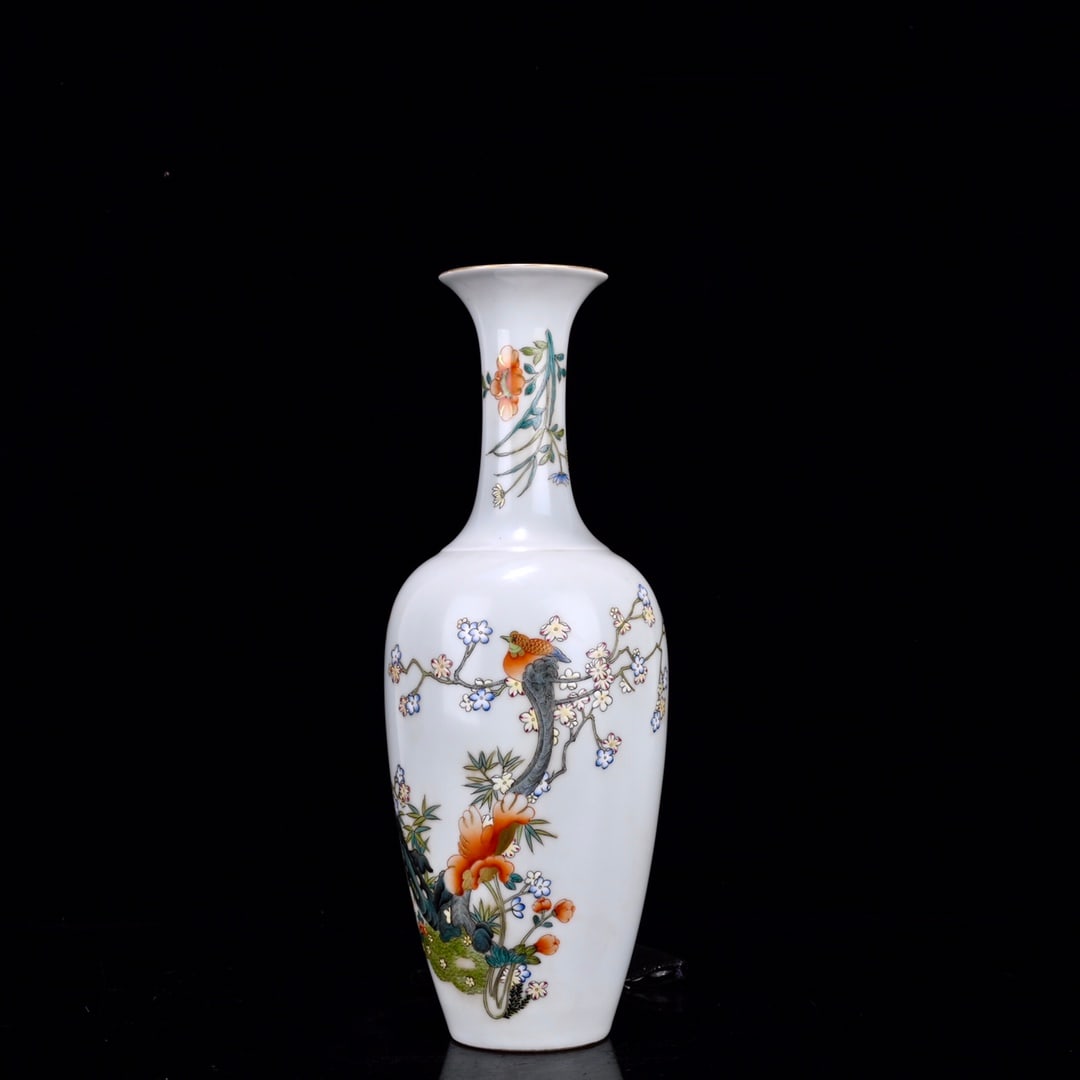 An Exquisite Enamel Flower and Bird Pattern Vase: An Exquisite Enamel Flower and Bird Pattern Vase,with poem,Qing Dynasty,China,Yongzheng Six-character Mark,Size:12.2inx4.7in 珐琅彩花鸟纹瓶,带诗&#