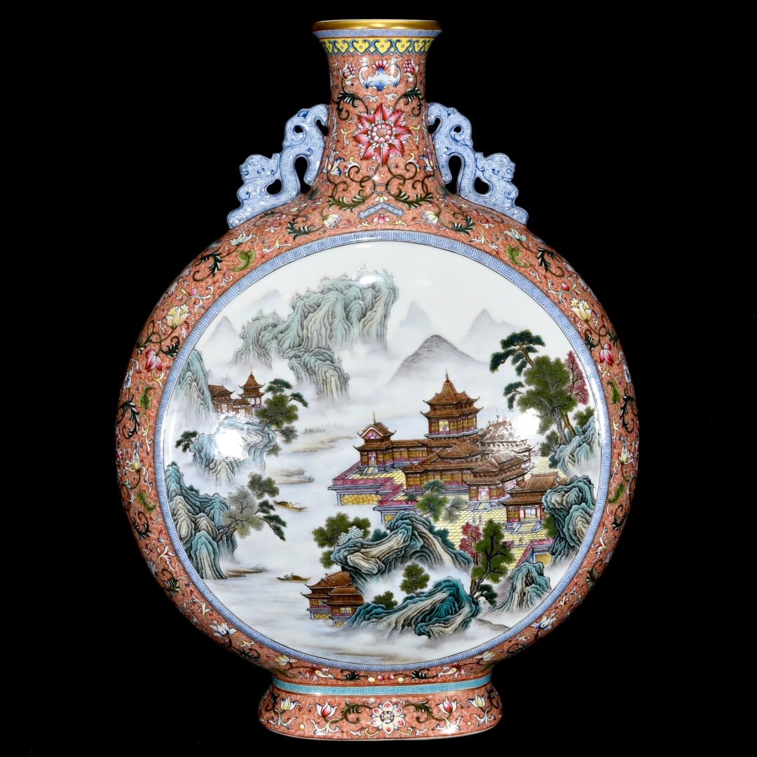 A Huge Enamel Landscape Pattern Double-Ears Vase: A Huge Enamel Landscape Pattern Double-Ears Vase,Qing Dynasty,China,Qianlong Six-Character Mark,Size:22.8inx17.3inx7.5in 珐琅彩山水纹双耳瓶,ߑ