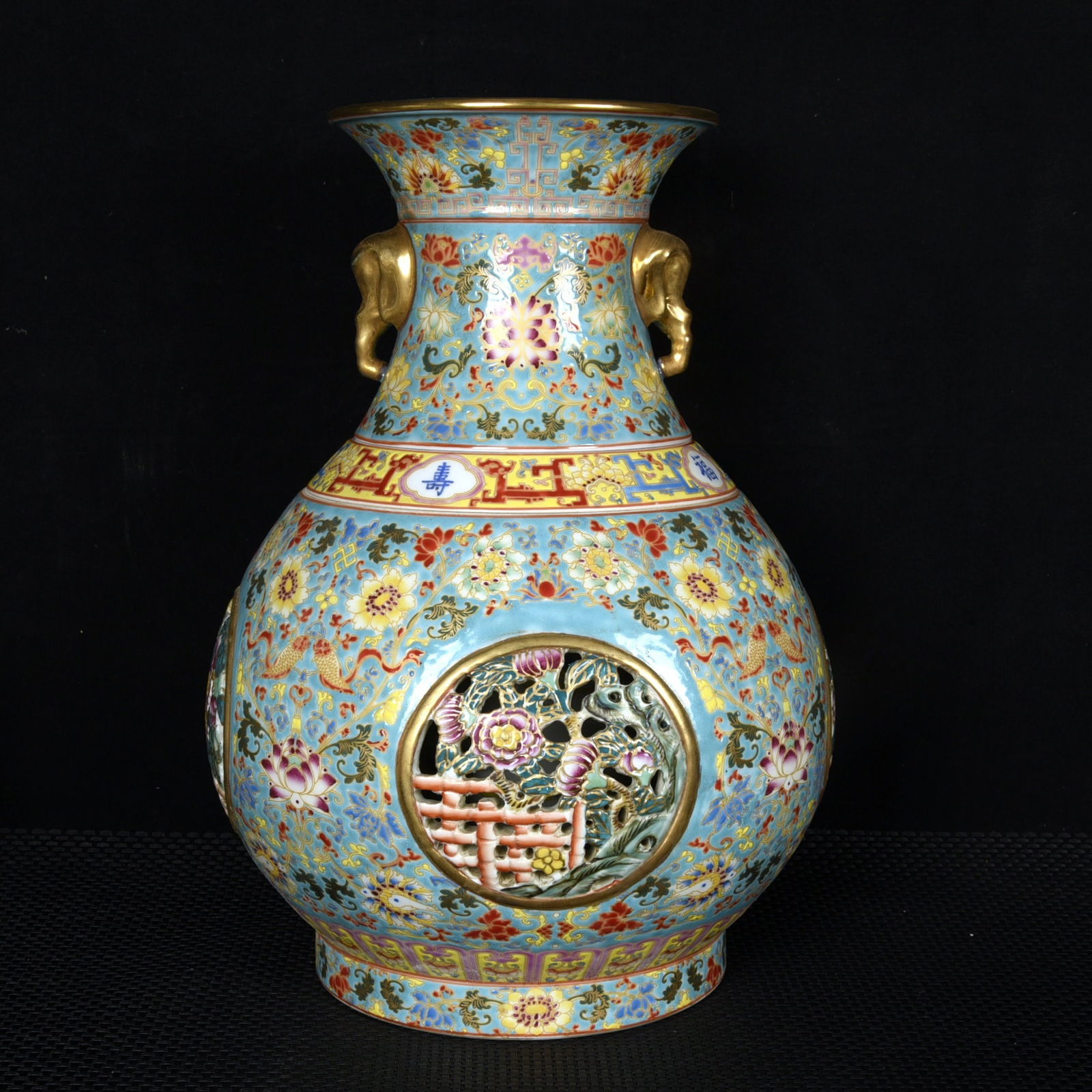 A Rare Green Ground Enamel Lotus Pattern Elephant-Ears Vase: A Rare Green Ground Enamel Lotus Pattern Elephant-Ears Vase,Qing Dynasty,China,Yongzheng Four-character Mark,Size:13.8inx9.8in 绿地珐琅彩缠枝莲纹&