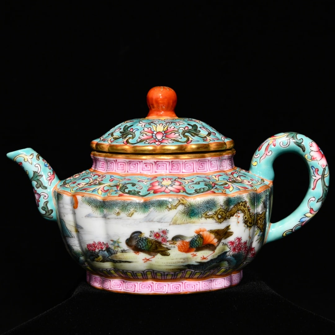 An Exquisite Famille-Rose Flower and Mandarin Duck Pattern Teapot,with poem: An Exquisite Famille-Rose Flower and Mandarin Duck Pattern Teapot,with poem,Qing Dynasty,China,Yongzheng Four-character Mark,Size:3.5inx9.9in 