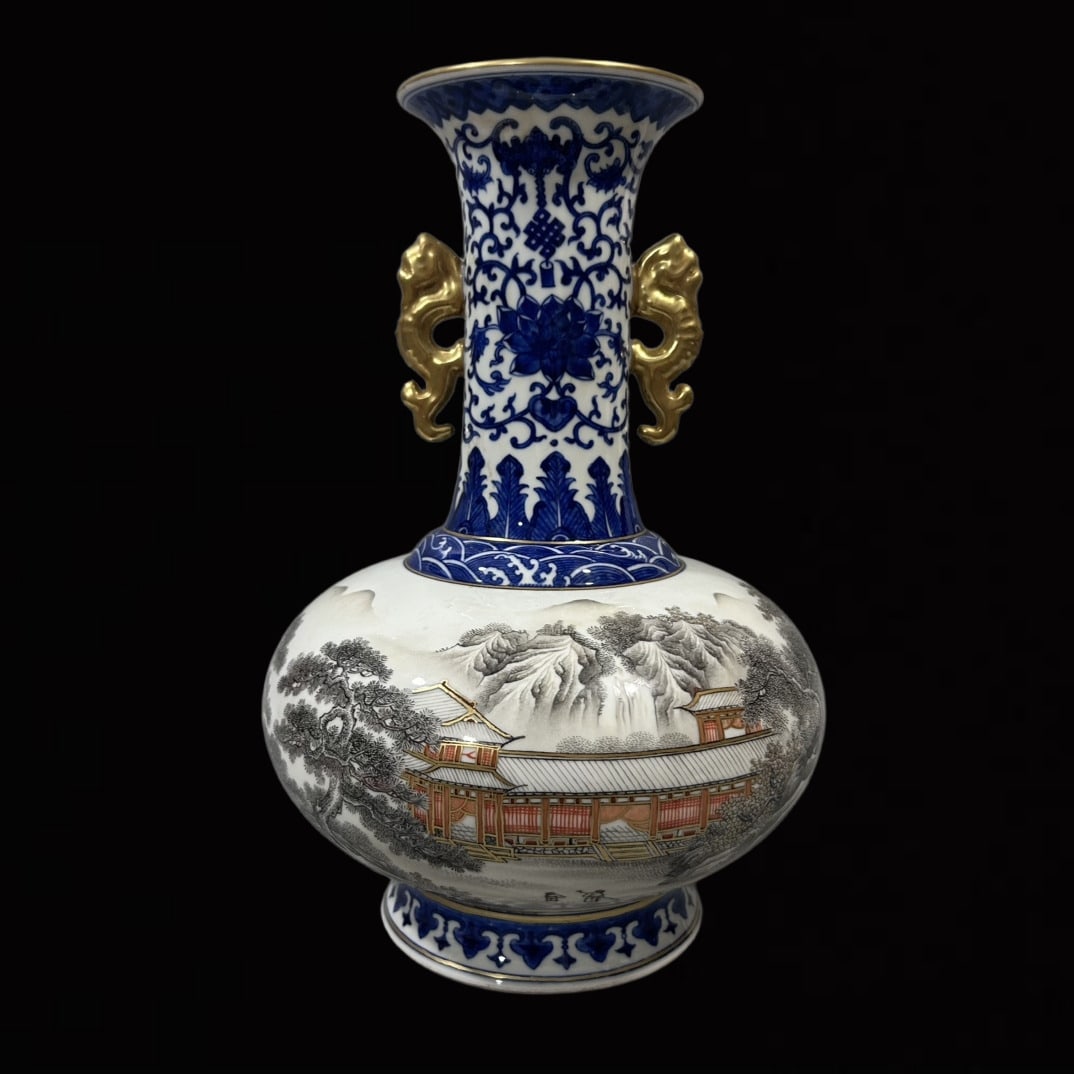 An Exquisite Blue and White Ink Color Landscape Pattern Double-Ears Vase,with poem: An Exquisite Blue and White Ink Color Landscape Pattern Double-Ears Vase,with poem,Qing Dynasty,China,Qianlong Six-character Mark,Size:7.5inx11.8in
