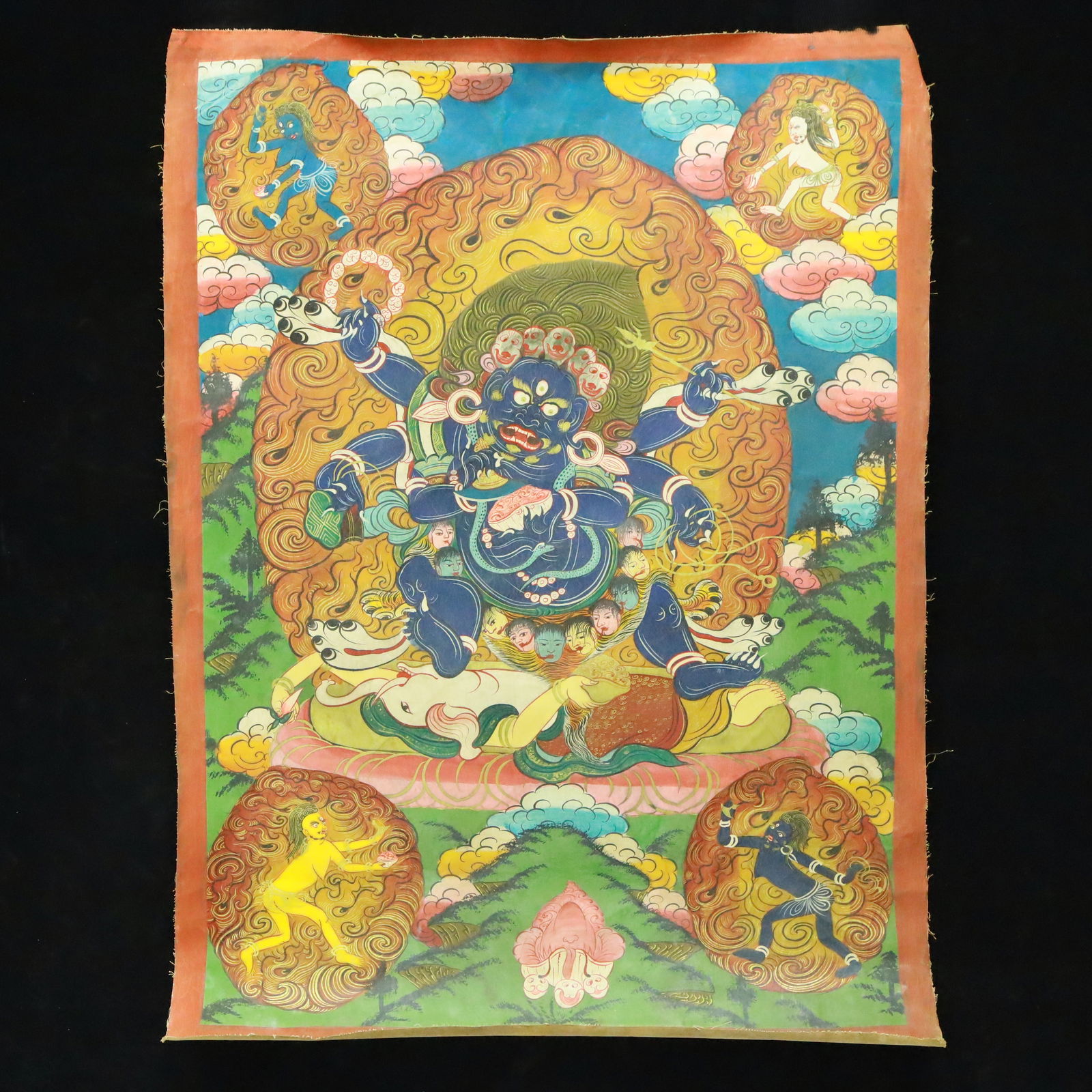 A Rare Brocade Painted Color Statue of Mammon Tangka: A Rare Brocade Painted Color Statue of Mammon Tangka,Qing Dynasty, China,Size:23.2inx32.3in 织锦彩绘财神像唐卡,中国清代