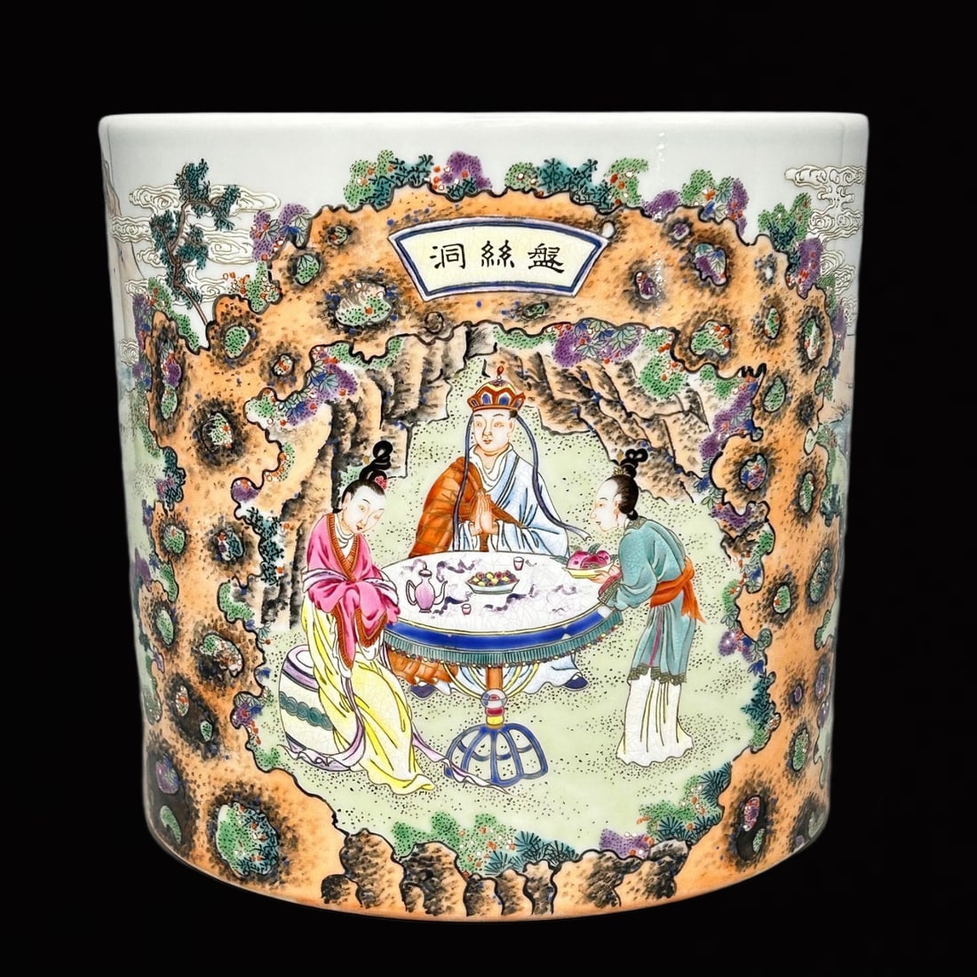 An Exquisite Famille-Rose Character and Story Pattern Brush Pot: An Exquisite Famille-Rose Character and Story Pattern Brush Pot,Qing Dynasty,China,Yongzheng Six-character Mark,Size:7.3inx7.9in 粉彩人物故事纹笔筒