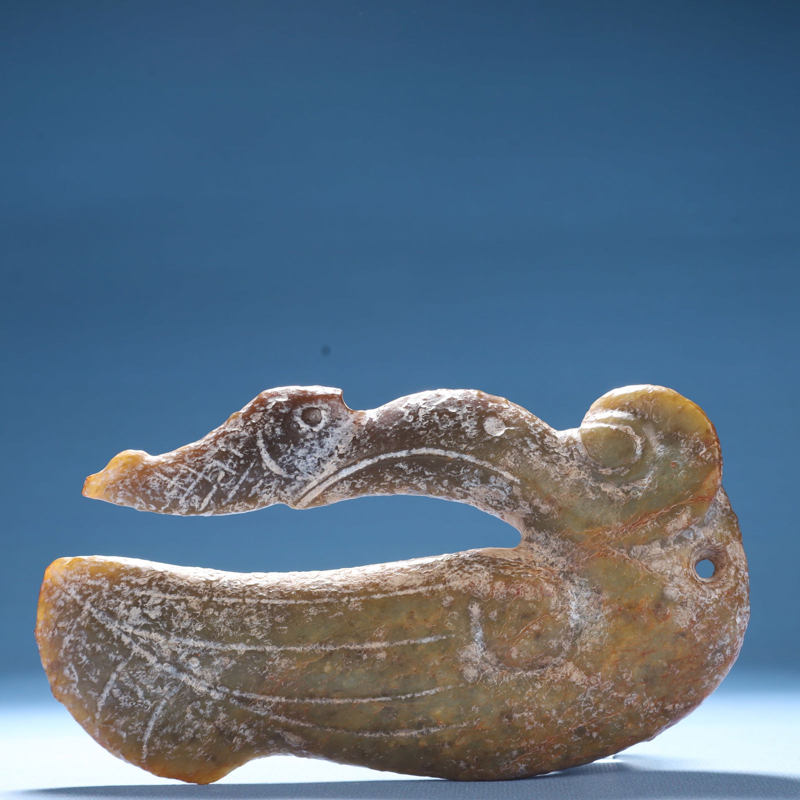 An Archaic Hongshan Culture Greenish Jade Bird Ornament (1 of 8)