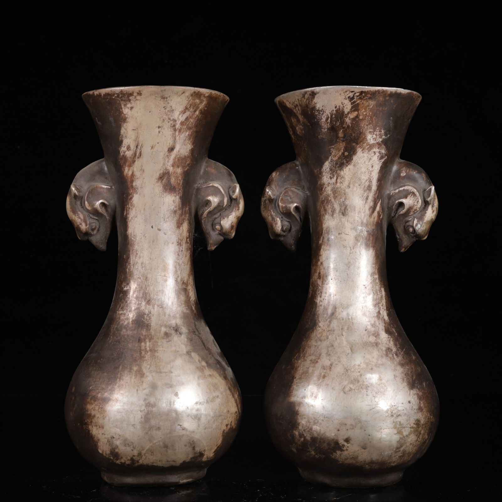 A Pair of Exquisite Silver-plated Beast-Ears Vase: A Pair of Exquisite Silver-plated Beast-Ears Vase,Qing Dynasty,China,Size:5.1inx10.6in,Weight:3850g 一对镀银兽耳瓶,中国清代