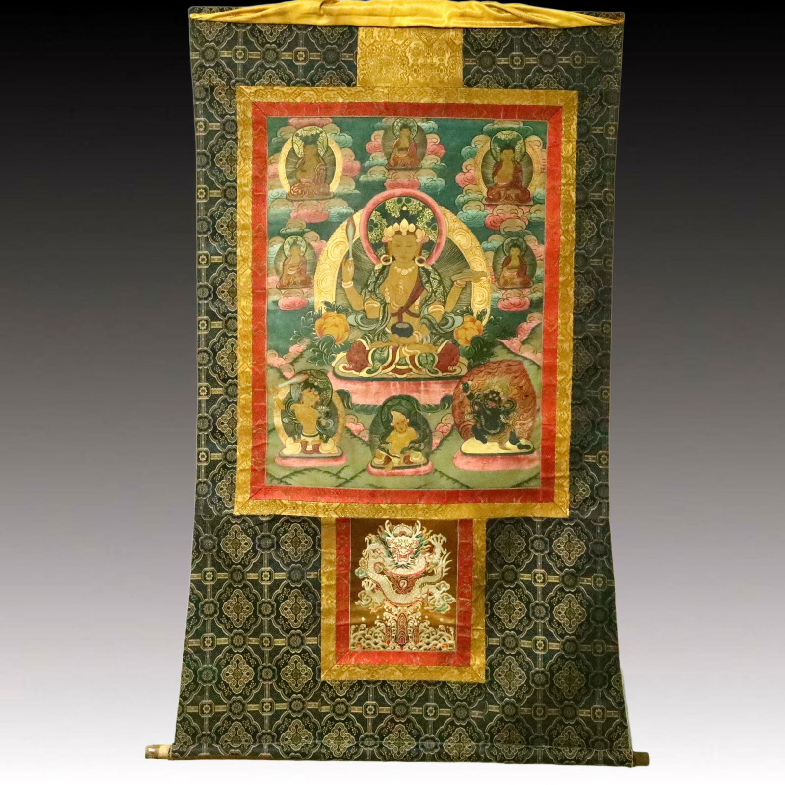 A Rare Brocade Painted Color Statue of Manjusri Tangka: A Rare Brocade Painted Color Statue of Manjusri Tangka,Qing Dynasty, China,Size:36.6inx60.6in 