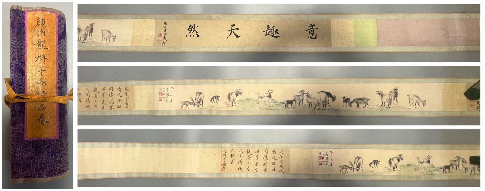 A Chinese Hand Scroll Ink Painting of Sheep on Paper: A Chinese Hand Scroll Ink Painting of Sheep on Paper,Yan Bailong,Size:39.4inx3.5in 一幅中国水墨羊画手卷,颜伯龙