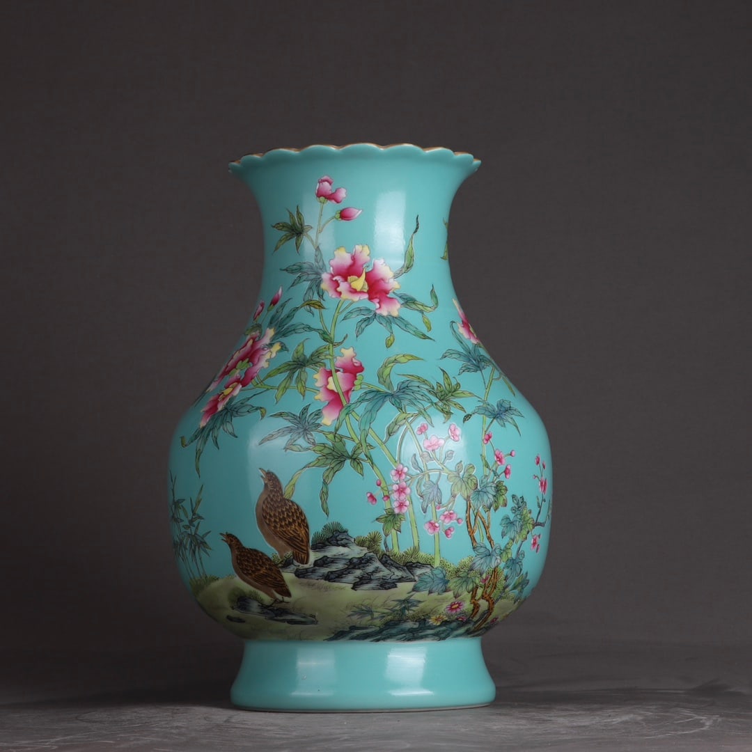 An Exquisite Turquoise Glazed Famille-Rose Flower and Bird Pattern Vase,with poem: An Exquisite Turquoise Glazed Famille-Rose Flower and Bird Pattern Vase,with poem,Qing Dynasty,China,Yongzheng Four-character Mark,Size:11.4inx8.7in 