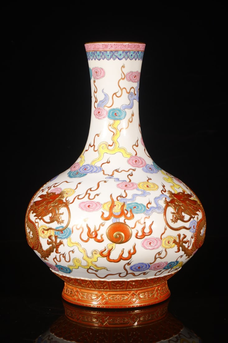 A Rare Enamel Auspicious Cloud and Dragon Pattern Vase: A Rare Enamel Auspicious Cloud and Dragon Pattern Vase,Qing Dynasty,China,Qianlong Six-character Mark,Size:15.4inx6.7in 