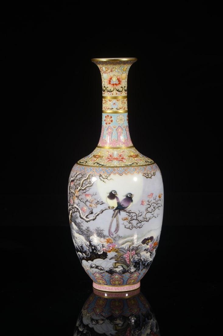 An Exquisite Enamel Flower and Bird Pattern Vase,with poem: An Exquisite Enamel Flower and Bird Pattern Vase,with poem,Qing Dynasty,China,Qianlong Six-character Mark,Size:8.5inx1.8in 珐琅彩花鸟纹瓶,带诗