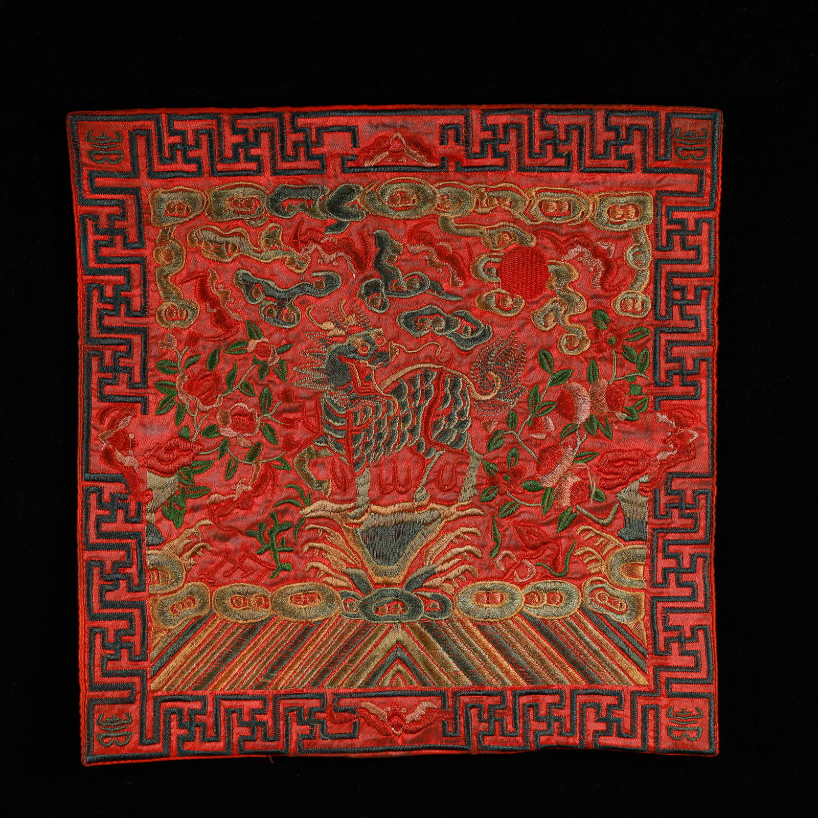 An Exquisite Embroidery Kylin Pattern Civil Official Rank Badges: An Exquisite Embroidery Kylin Pattern Civil Official Rank Badges,Qing Dynasty, China,Size:10.2inx10.2in 刺绣麒麟官补,中国清代