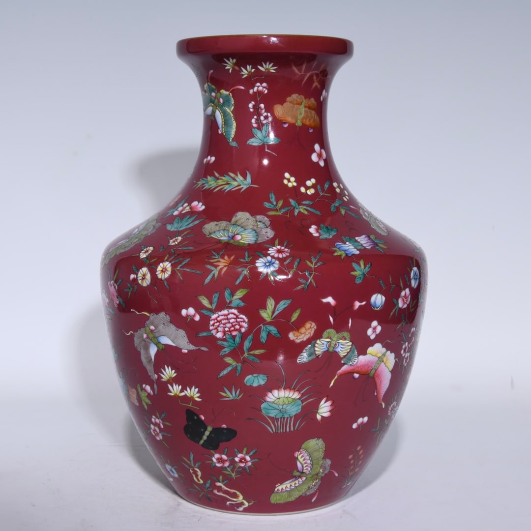 An Exquisite Ruby Red-Glazed Flower and Butterfly Pattern Vase - 2