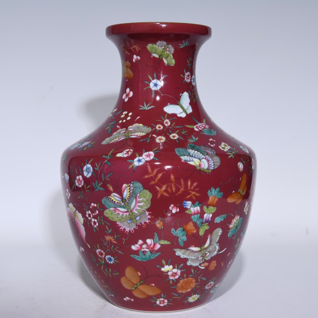 An Exquisite Ruby Red-Glazed Flower and Butterfly Pattern Vase - 3