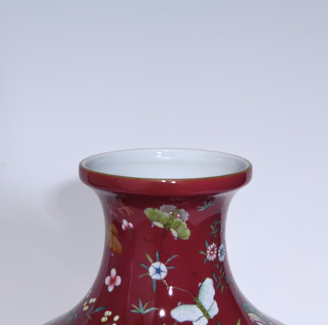 An Exquisite Ruby Red-Glazed Flower and Butterfly Pattern Vase - 4