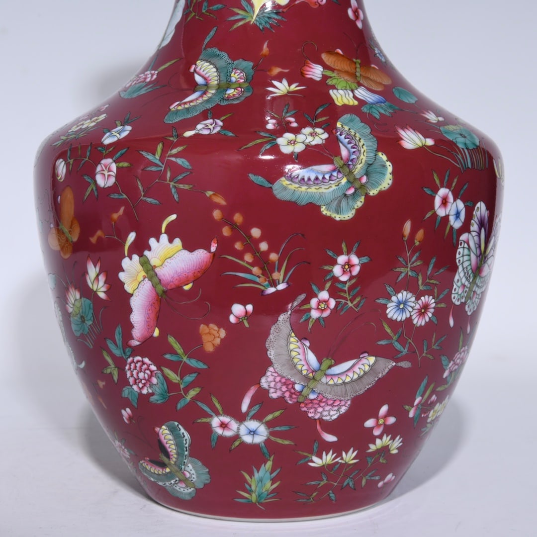 An Exquisite Ruby Red-Glazed Flower and Butterfly Pattern Vase - 6
