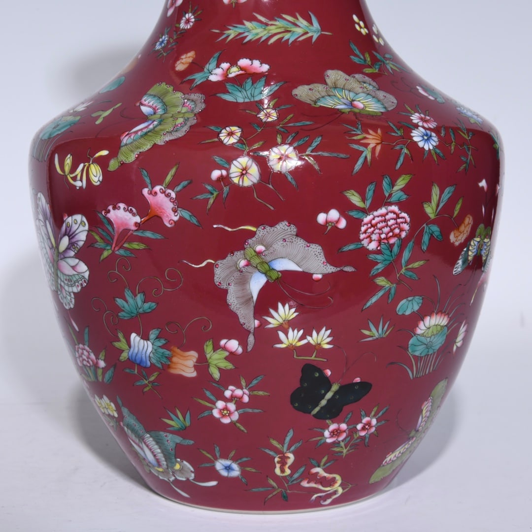 An Exquisite Ruby Red-Glazed Flower and Butterfly Pattern Vase - 7
