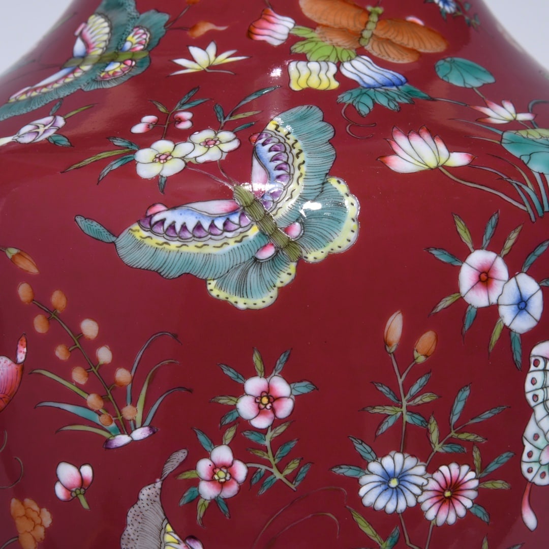 An Exquisite Ruby Red-Glazed Flower and Butterfly Pattern Vase - 8