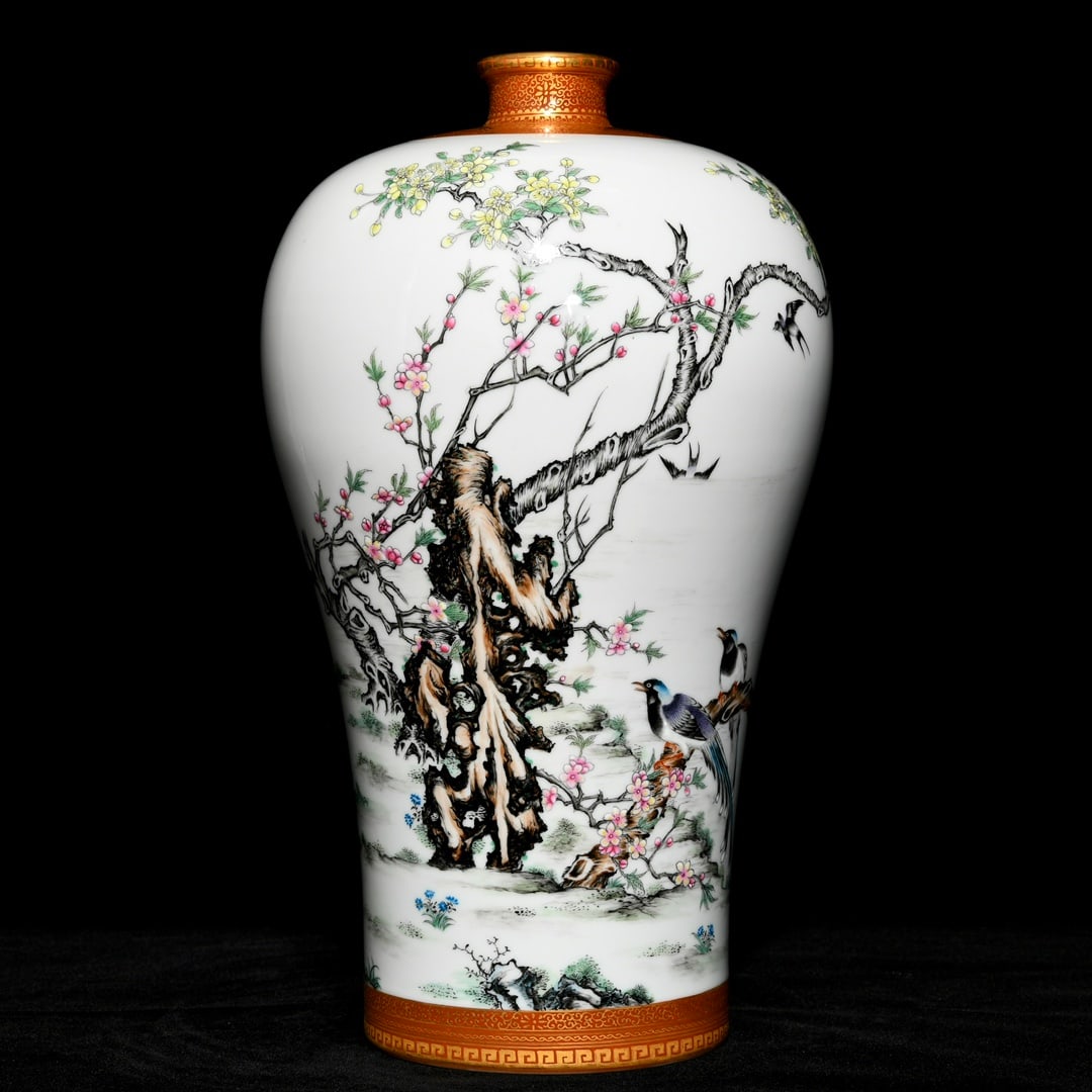 A Rare Famille-Rose Painted Gold Flower and Bird Pattern Vase,with Poem: A Rare Famille-Rose Painted Gold Flower and Bird Pattern Vase,with Poem,Qing Dynasty,China,Yongzheng Six-Character Mark,Size:12.1inx7.1in 
