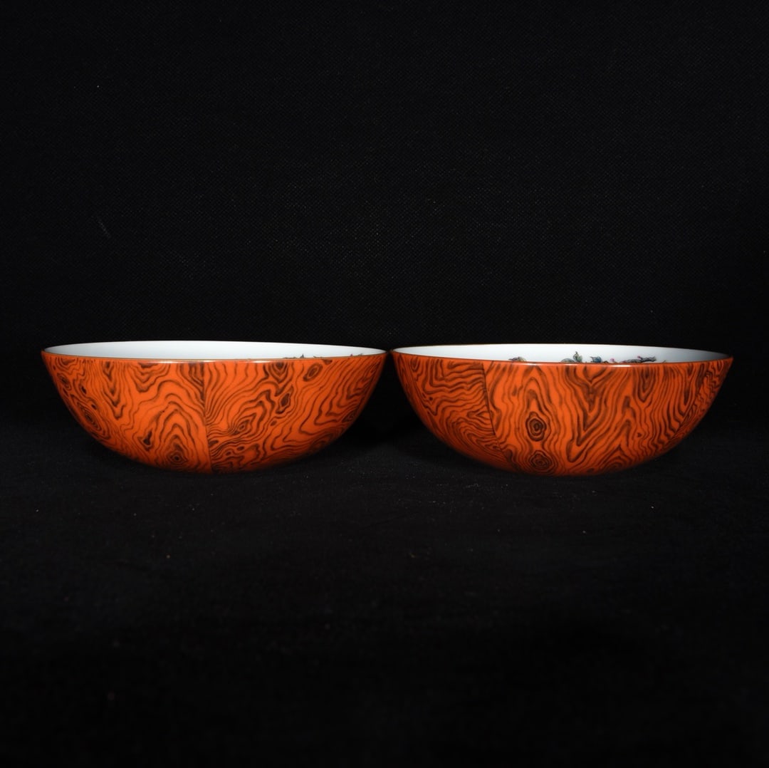 A Pair of Exquisite Imitation Wood Grain Glazed Famille-Rose Flower Pattern Bowls: A Pair of Exquisite Imitation Wood Grain Glazed Famille-Rose Flower Pattern Bowls,Qing Dynasty,China,Yongzheng Six-Character Mark,Size:1.7inx4.9in 