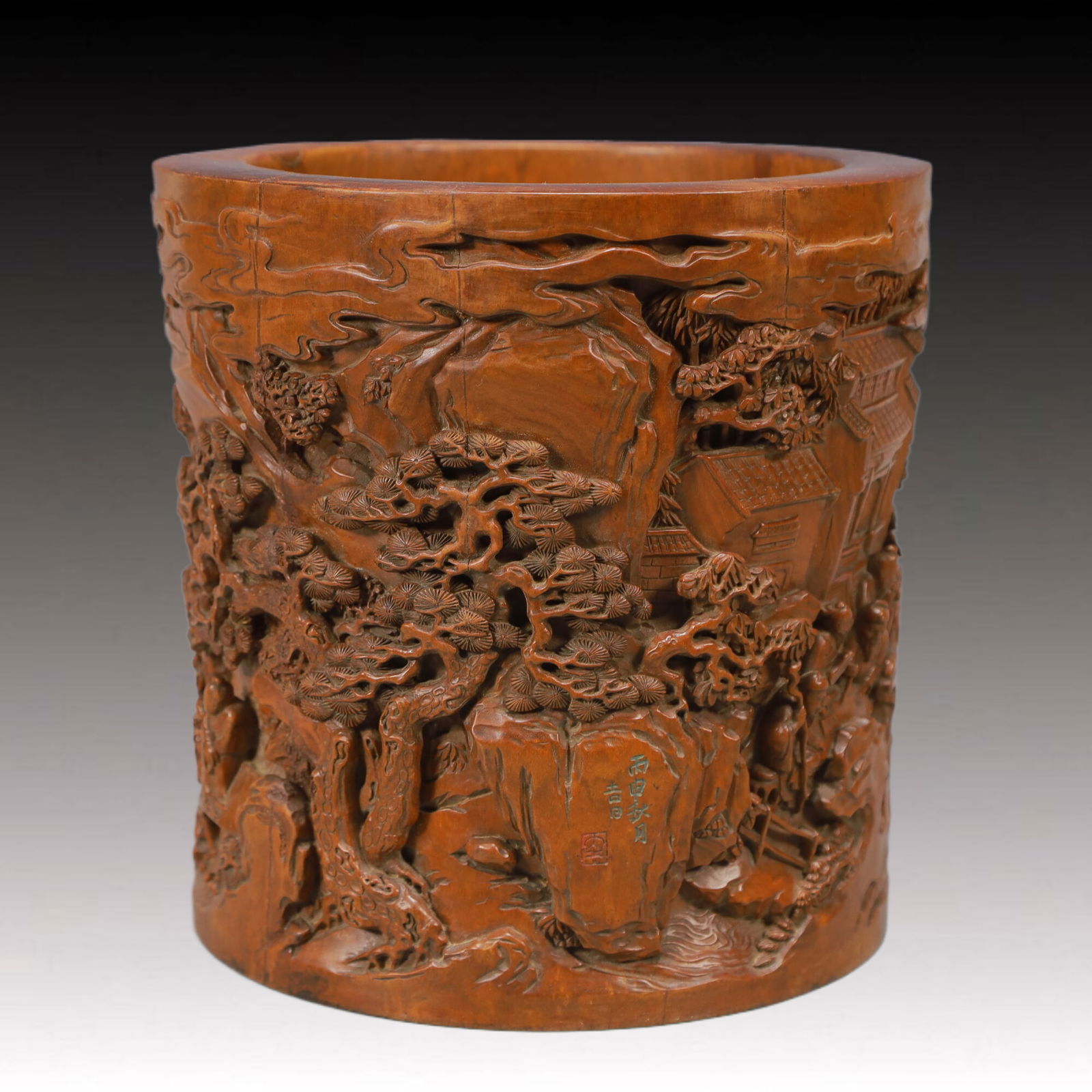 An Exquisite Boxwood Character and Story Pattern Brush Pot: An Exquisite Boxwood Character and Story Pattern Brush Pot,Qing Dynasty, China,Size:6.9inx6.9in,Weight:1500g 黄杨木人物故事纹笔筒,中&#