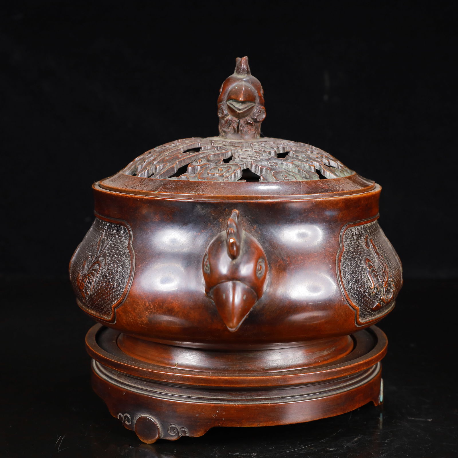 A Rare Bronze Rooster Pattern Double-Ears Censer - 11