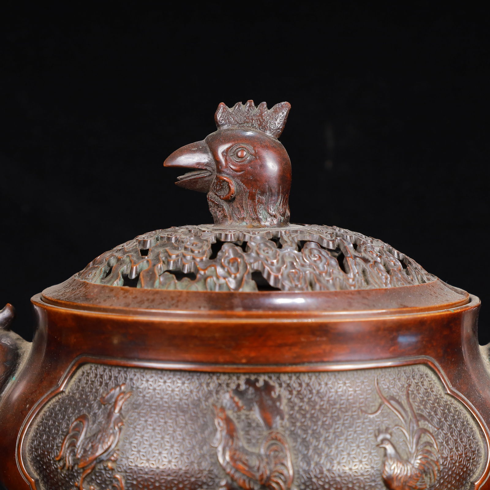 A Rare Bronze Rooster Pattern Double-Ears Censer - 2