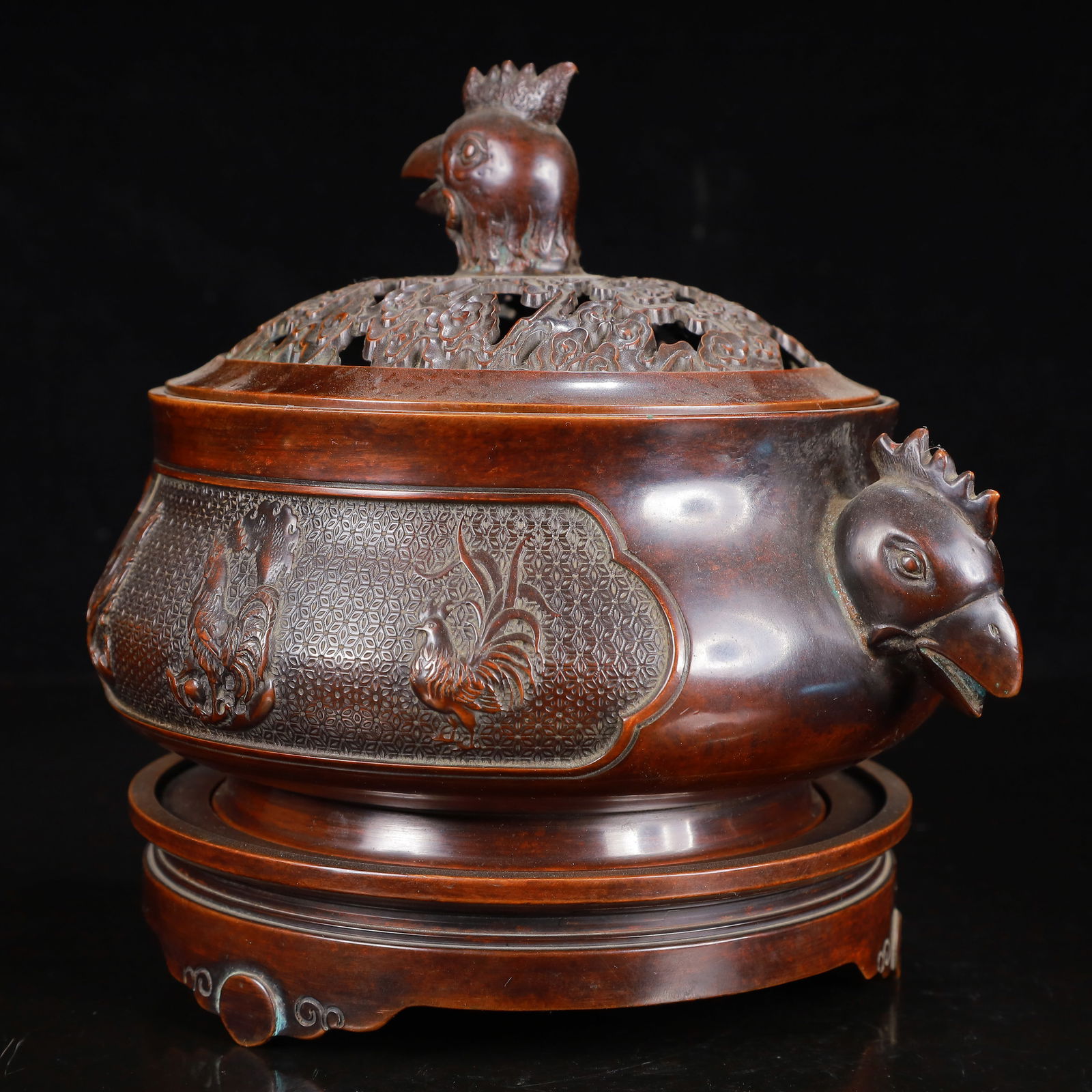 A Rare Bronze Rooster Pattern Double-Ears Censer - 5