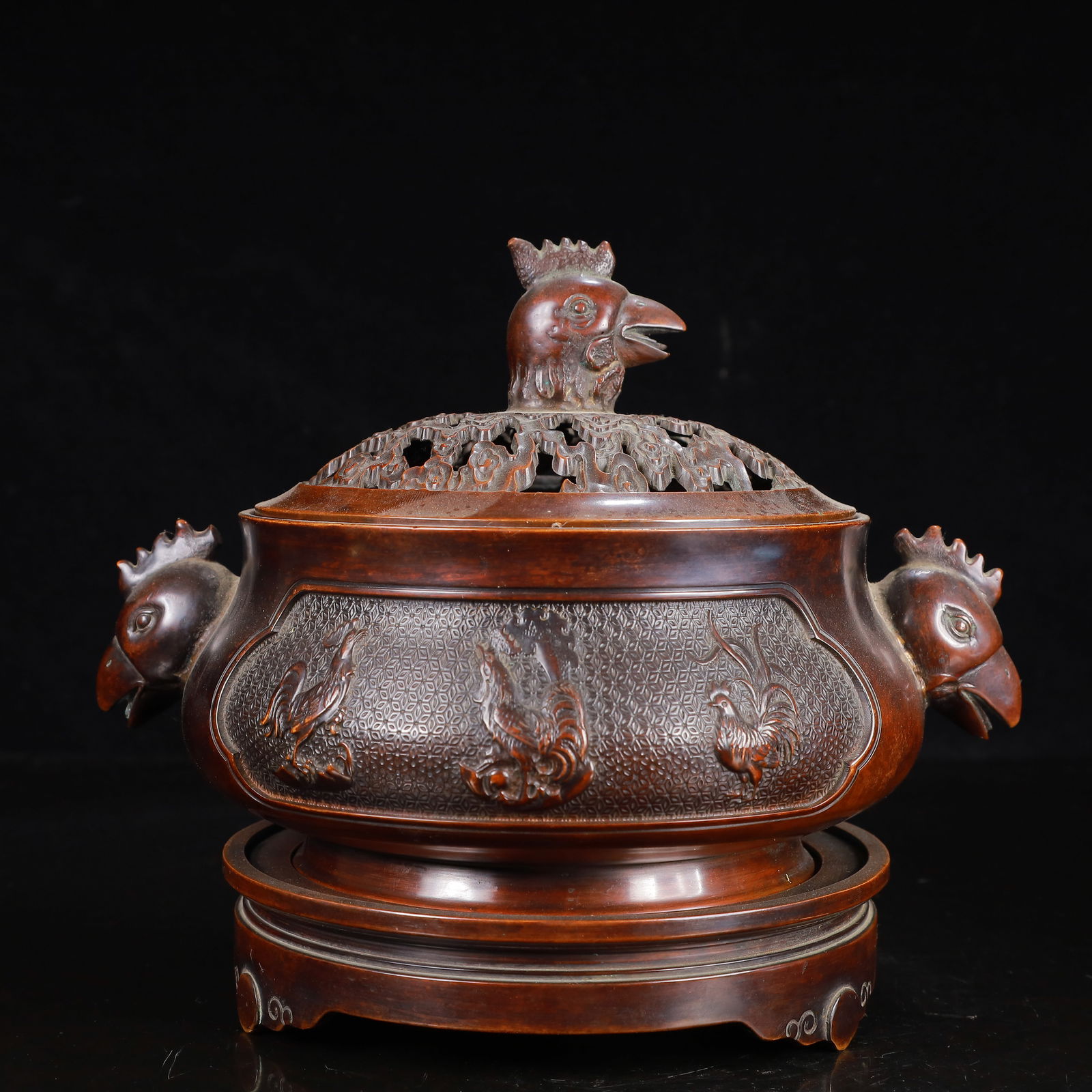 A Rare Bronze Rooster Pattern Double-Ears Censer - 9