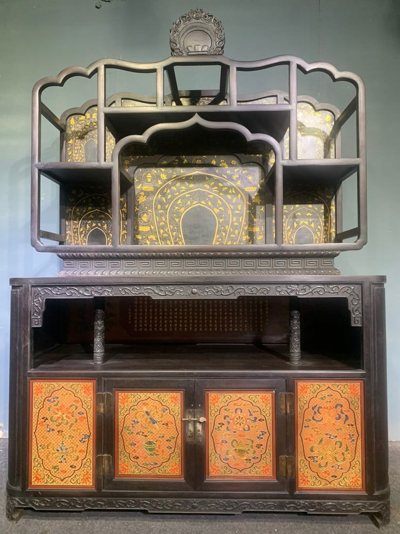A Huge Zitanwood Eight Treasures Pattern Niche,With Scriptures: A Huge Zitanwood Eight Treasures Pattern Niche,With Scriptures,Qing Dynasty, China,Qianlong Six-character Mark,Size:57.5inx82.7inx23.6in 