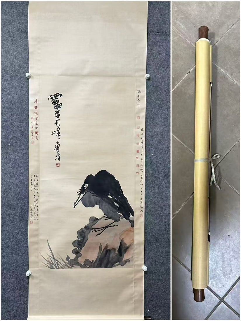 A Chinese Vertical Scroll Ink Painting of Eagle on Paper: A Chinese Vertical Scroll Ink Painting of Eagle on Paper,Pan Tianshou,Size:26.6inx53.5in 一幅中国水墨鹰画立轴,潘天寿