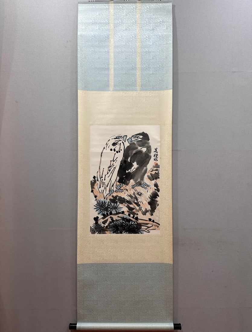 A Chinese Vertical Scroll Ink Painting of Pine and Eagle on Paper: A Chinese Vertical Scroll Ink Painting of Pine and Eagle on Paper,Li Kuchan,Size:17.3inx27.2in 一幅中国水墨松鹰画立轴,李苦