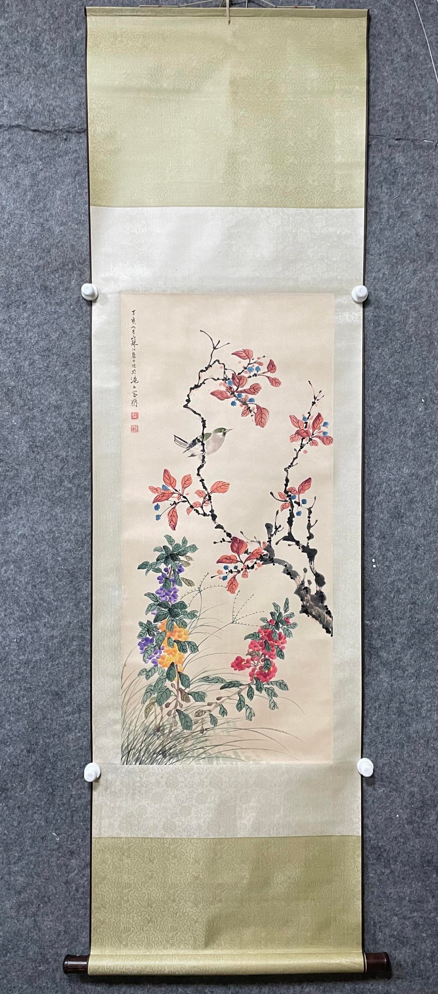 A Chinese Vertical Scroll Ink Painting of Flower and Bird on Paper: A Chinese Vertical Scroll Ink Painting of Flower and Bird on Paper,Jiang Hanting,Size:17.3inx38.2in 一幅中国水墨花鸟画立轴,江