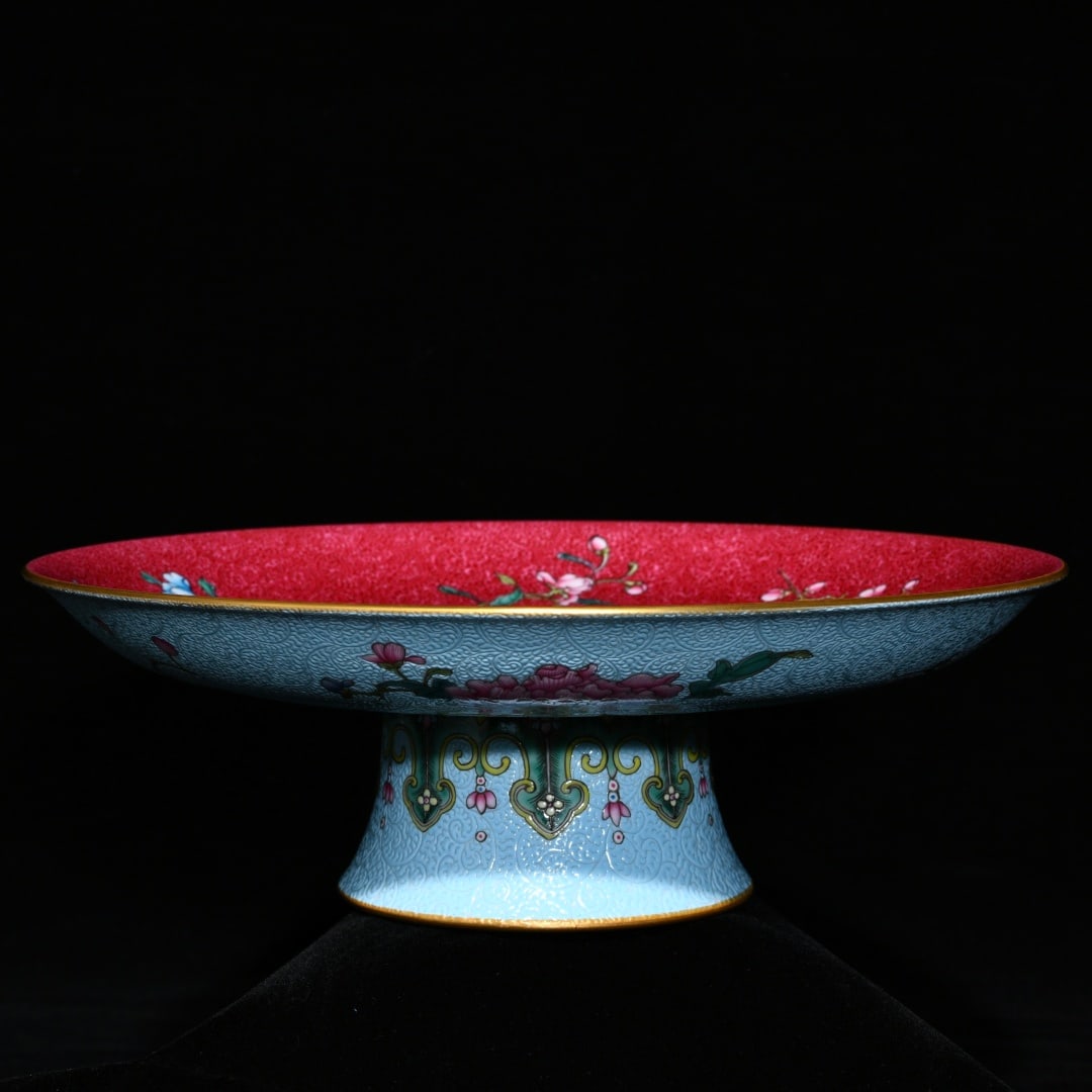 An Exquisite Turquoise Glazed Famille-Rose Flower Pattern Stem Plate: An Exquisite Turquoise Glazed Famille-Rose Flower Pattern Stem Plate,Qing Dynasty,China,Qianlong Four-character Mark,Size:3.1inx9.4in 